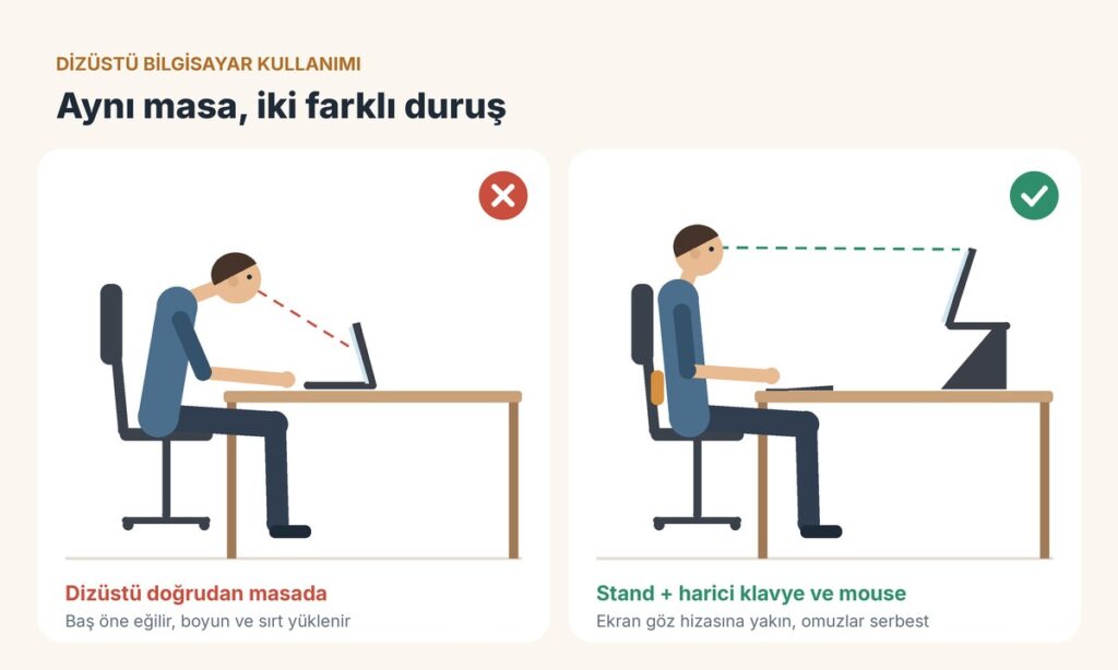 Dizüstü bilgisayarın masada yanlış ve notebook standı ile doğru kullanımının karşılaştırması